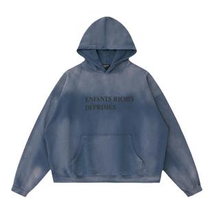 黑色圣诞树 ERD忧郁的富二代褪色水洗做旧渐变蓝白敬亭连帽卫衣