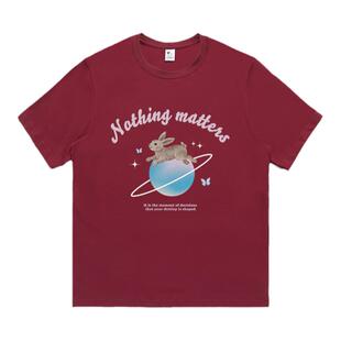 酒红色正肩女t恤显瘦美式复古纯棉ins潮牌宽松学生设计感小众短袖