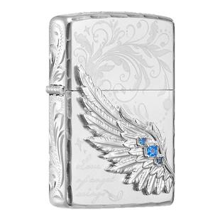 zippo打火机热恋之翼-精雕繁花咬边蓝钻翅膀贴章送男友情人节礼物