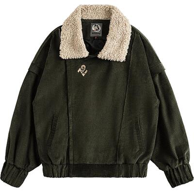 WOOKONG 72变 春季新品哪吒刺绣绿色灯芯绒宽松外套 男士保暖夹克