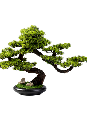 仿真迎客松实木盆景客厅玄关摆件