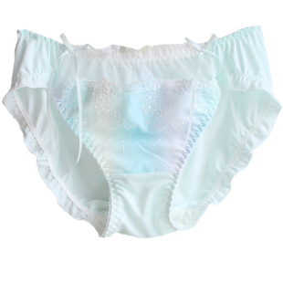 原单光滑牛奶丝内裤女大码中腰渲染绿色渐变刺绣少女三角裤无痕