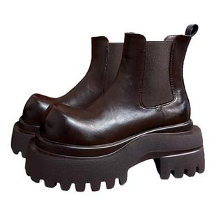 复古真皮大头松糕厚底马丁靴女2025新款英伦风小个子增高烟筒短靴