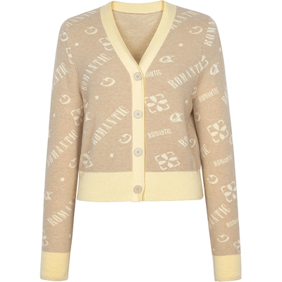 XG雪歌创意提花设计毛针织衫时尚春季新款卡其色绵羊毛长袖开衫女