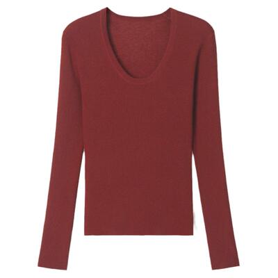 ROCO夏季新款 超细14针48支双股羊毛大U领修身针织衫打底T恤上衣