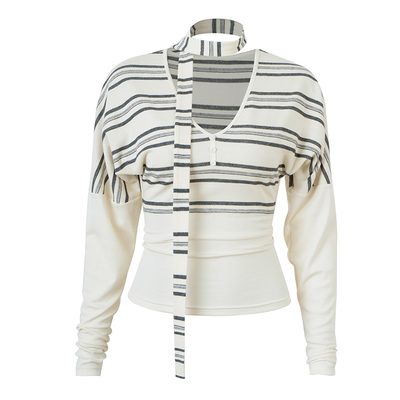 PynkiSwear 黑灰条纹/白灰条纹V领落肩拼接收腰针织T恤飘带上衣秋