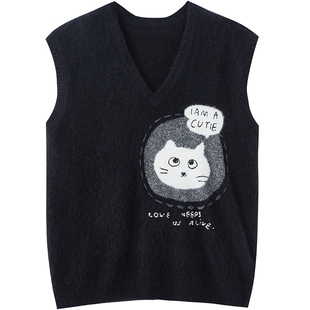 URLAZH有兰冬季新款黑色简约百搭U等等漫画羊毛V领针织无袖马甲女