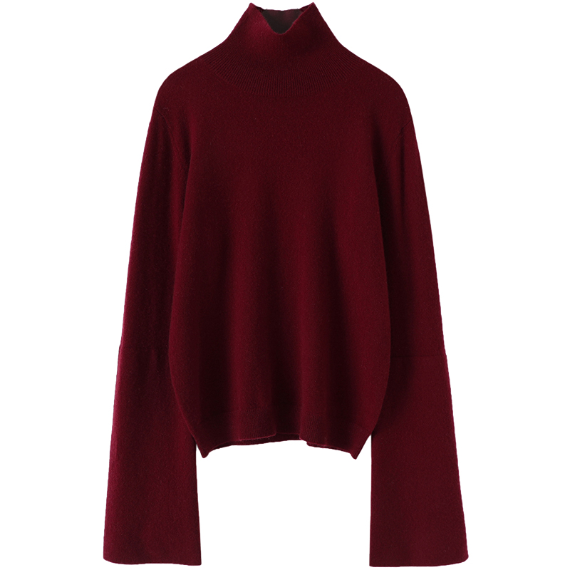 时尚新宠~酒红色双层大廓袖高领羊绒衫女纯羊绒毛衣套头2022秋冬