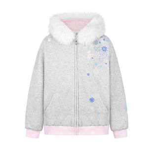 SREK美式雪花刺绣连帽开衫卫衣女秋冬加绒毛领外套宽松拉链上衣