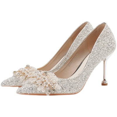 新娘主婚鞋禾秀婚纱两穿水晶鞋女不累脚秋冬伴娘鞋法式高跟鞋结婚