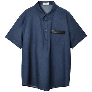 高级感牛仔蓝夏季宽松休闲衬衫男士短袖日系垂坠感透气POLO衫男