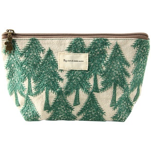 美摘棉麻童话风化妆包杉树圣诞树南瓜刺绣小猫咪可爱收纳包中包布