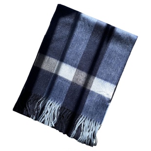 内蒙古清仓秋冬年轻人英伦格子羊毛围巾男士优质羔羊绒围巾蓝灰调
