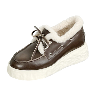 ShānRen8.0CM增高厚度毛毛鞋女复古擦色乐福鞋真皮新款小皮鞋女