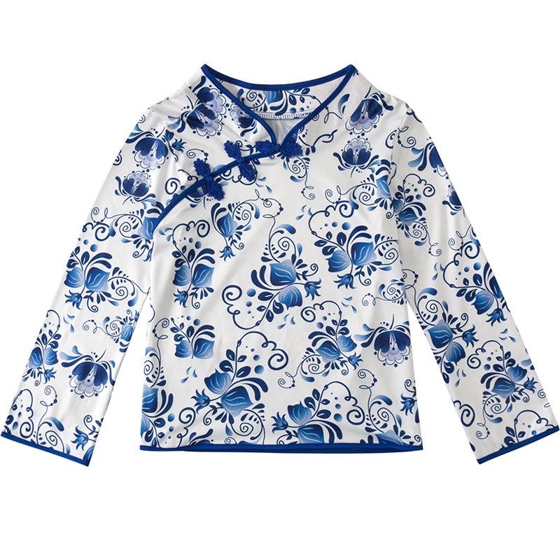 青花瓷新款民族风广场舞服装牛奶丝女盘扣舞蹈服秋冬长袖跳舞上衣