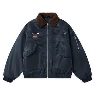 马切达冬季拼接羊羔毛复古棉服男款美式刺绣潮牌棉衣工装休闲外套