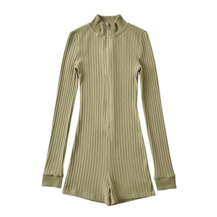 YoungGirlDay欧美风辣妹立领拉链修身显瘦长袖纯色针织连体短裤潮