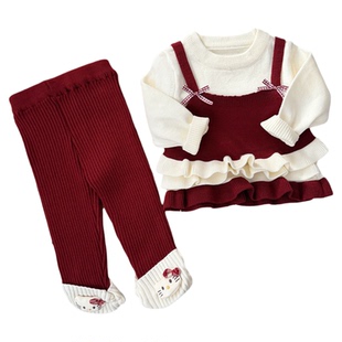 女童超好看毛衣两件套可爱一岁宝宝洋气套装春装红色针织衫裤春季