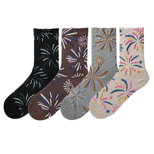 烟花袜子女浮雕图案舒适百搭中筒袜复古文艺无骨袜小众提花堆堆袜