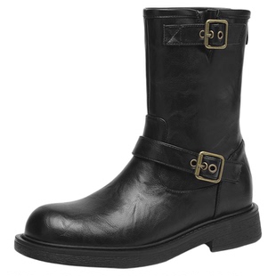 达芙妮英伦风短靴女2026春季春款新款平底骑士靴厚底马丁靴子黑色