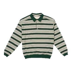 【现货】GROVE EDGE韩国小众撞色条纹宽松Polo领系扣长袖T恤上衣