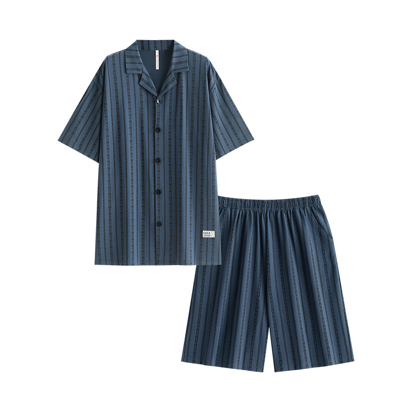 悦内睡衣男款夏季夏天纯棉短袖短裤家居服时尚休闲条纹薄款可外穿