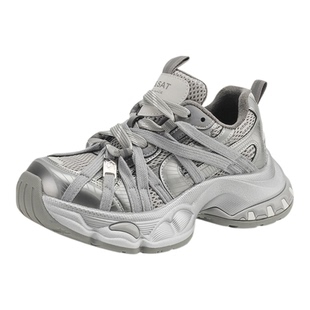 星期六时尚绑带加绒银色老爹鞋女鞋2025新款冬季厚底休闲运动鞋子