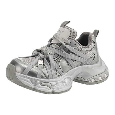 星期六时尚绑带加绒银色老爹鞋女