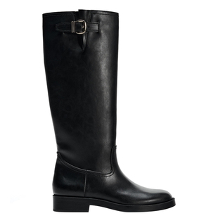 ZA2025秋冬季新款女靴骑士靴高筒靴搭扣圆头粗跟裤管靴黑色长筒靴
