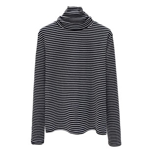 纯棉复古条纹高领打底衫女秋冬洋气内搭长袖宽松加厚堆堆领上衣服