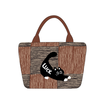 尼睿棕色条纹复古小猫手提小包