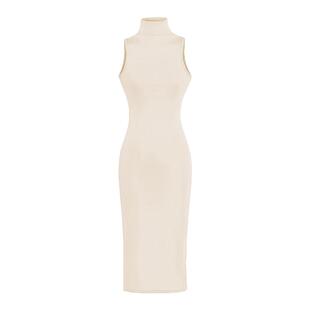 怪力酱 高领无袖针织连衣裙女春季气质掐腰修身显瘦性感开叉长裙