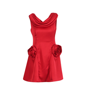 法式缎面立体花朵红色连衣裙女轻奢高级感生日晚宴聚会订婚小礼服