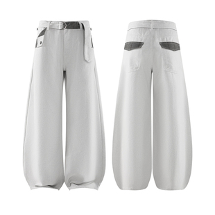 XCOK秋冬骨白千鸟格弯刀牛仔微喇裤白美式复古cleanfit休闲直筒裤