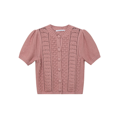 TOP家 春日桃花 法式温柔复古小珠片点缀 花苞短袖针织开衫外套