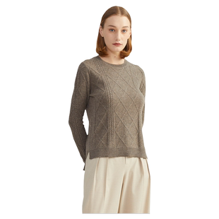 圣雪绒冬季100%山羊绒衫女圆领复古阿兰绞花通勤长袖针织套衫