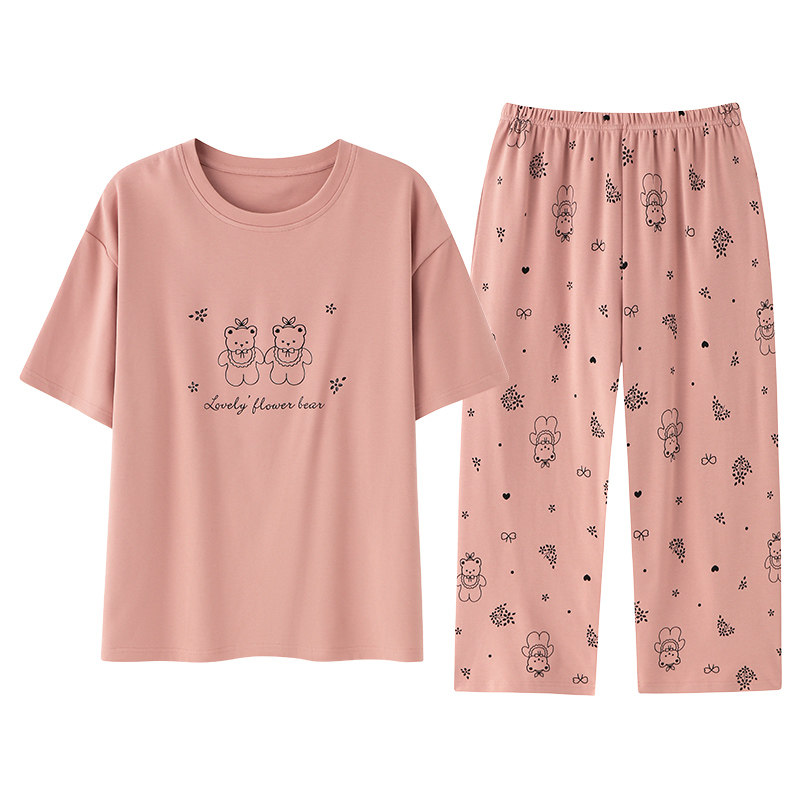 睡衣女夏季100%纯棉短袖七分睡衣/家居服套装