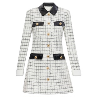 法式小香风白色格子粗花呢毛毛外套高腰短裙长袖连衣裙子三件套装