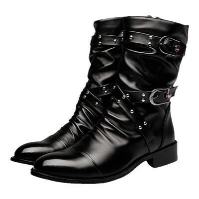 春秋季高帮皮鞋男靴中筒韩版马丁靴男尖头英伦时尚加绒保暖皮靴潮