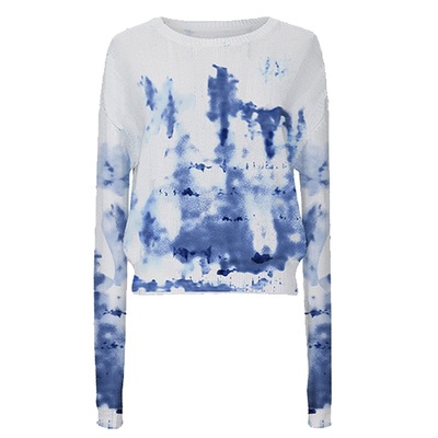 OBEG欧碧倩羊绒棉印花毛衫女时尚扎染短款上衣10421105