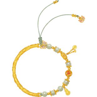 周六福和田玉蝴蝶转运珠手绳女S925银手链黄金色手饰节日礼物