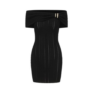 [甄选3折]NanaJacqueline一字肩针织连衣裙女钻饰金属环弹力短裙