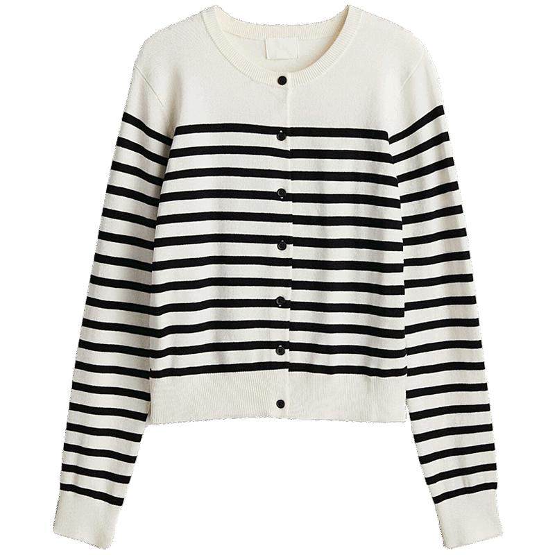 HM女装毛针织衫春季慵懒打底衫休闲开衫条纹内搭薄款外套0579541