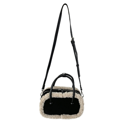 小众麂皮绒拼接大容量保龄球包女