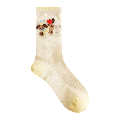 Himade粉色小狗蝴蝶结中筒袜子