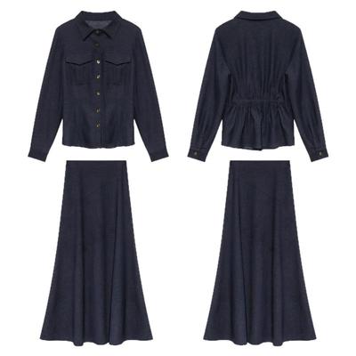 贰羊设计【山月记】仿牛仔蓝色复古经典外套+高腰半身裙通勤套装