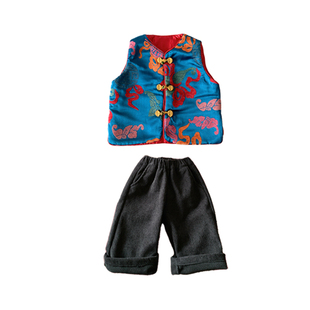 儿童拜年服套装冬季宝宝夹棉加绒马甲裤子一整套国风衣服婴童冬装