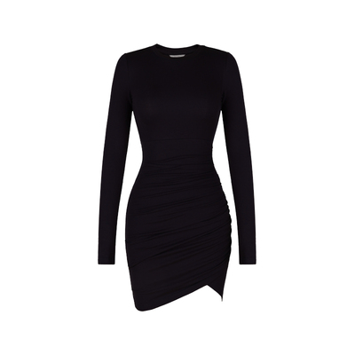 XULU原创人棉针织舒适休闲百搭包臀裙时尚褶皱修身圆领长袖连衣裙