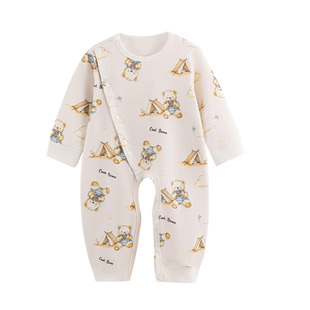 哇哇婴儿连体衣开裆裤戒尿双层纯棉春装小月龄宝宝打底衣服露屁股