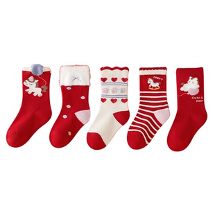儿童袜子女童a类纯棉本命年红色秋冬新年袜女宝宝冬季高筒过年袜